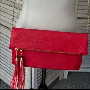 NEW•RED VERSATILE ENVELOPE CLUTCH CROSSBODY WITH FRINGE TASSELS